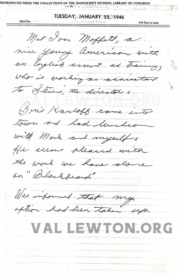 Val Lewton Diary Entry 1946 meeting with Boris Karloff